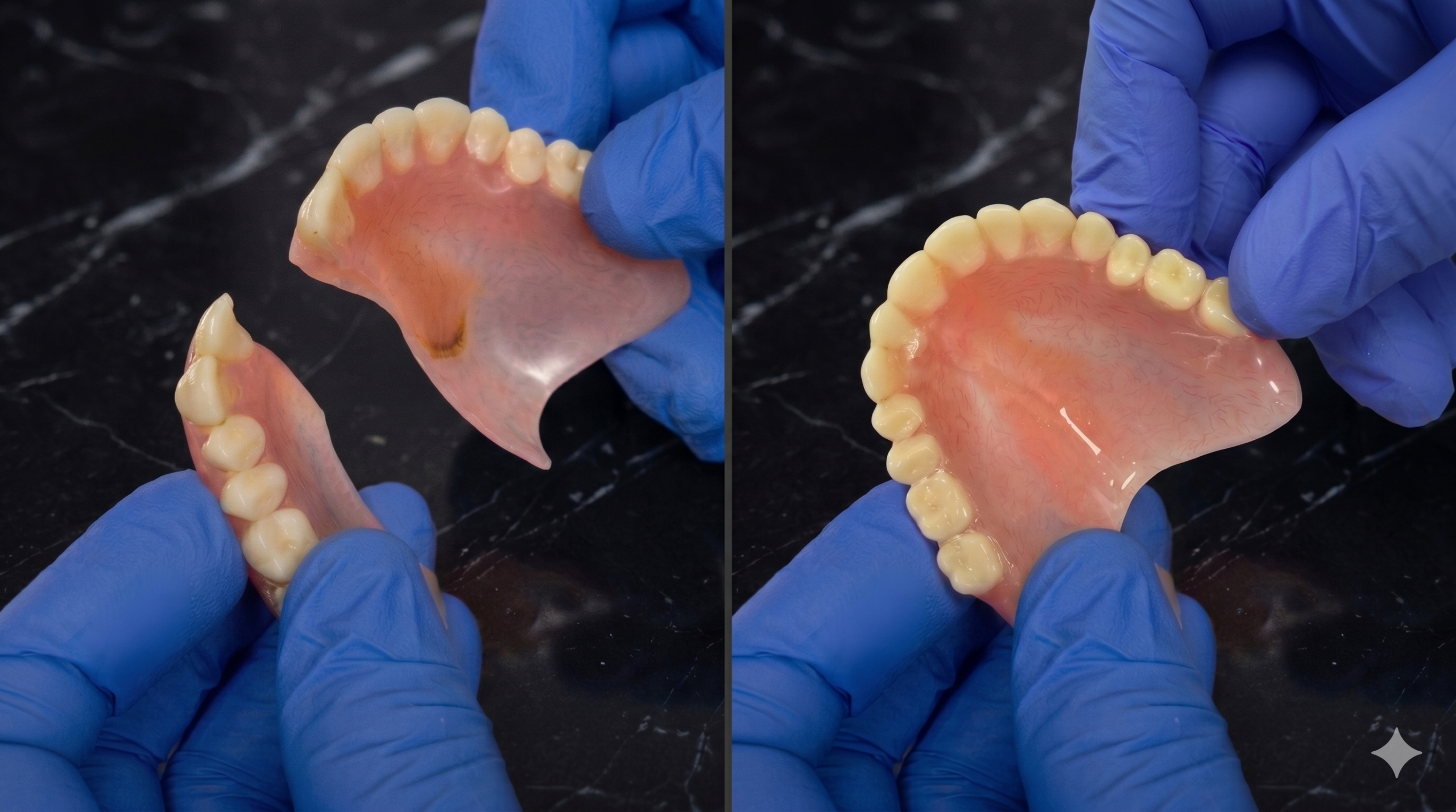Professionally repaired denture shown in close-up